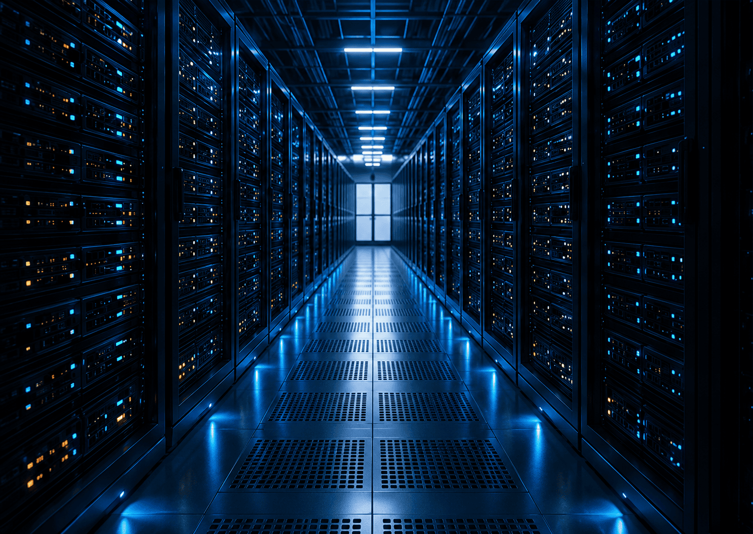 Blue illuminated data center aisle representing DRAM market infrastructure