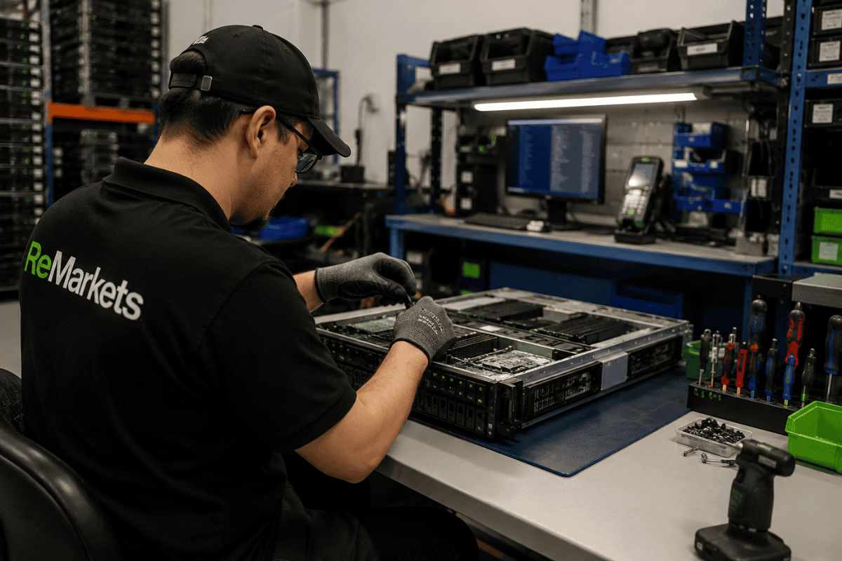 Technician processing enterprise data center hardware