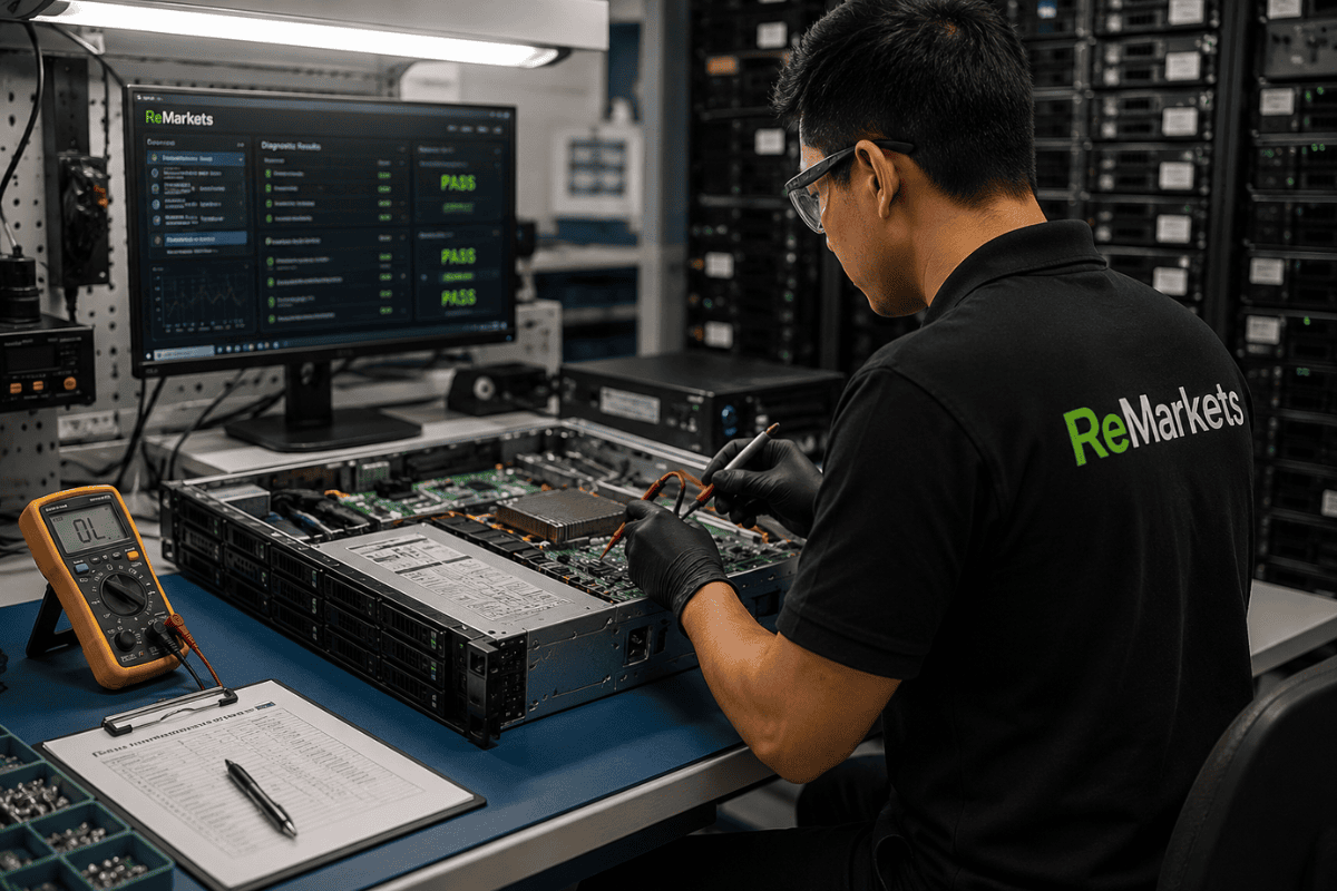 Technician inspecting recovered data center hardware